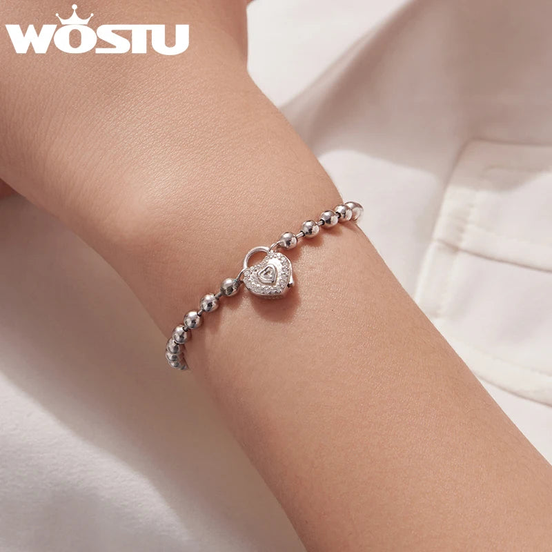 WOSTU Real 925 Sterling Silver Beaded Bracelet with Heart Lock Pendant & CZ, s925 Valentine Jewelry Love Bangle Gift For Her
