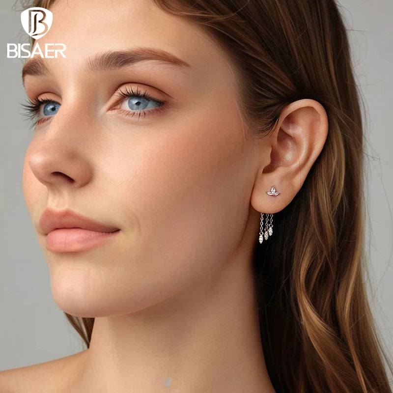 BISAER 925 Sterling Silver Flower Tassel Front-Back Stud Earrings  Hypoallergenic Plated White Gold for Women Party Fine Jewelry