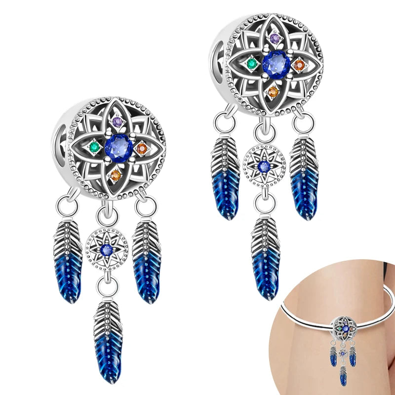 925 Sterling Silver Pendant Charms Feather Dreamcatcher Charm Bead For Original Charm Bracelet Necklace Bead DIY Jewelry Gift