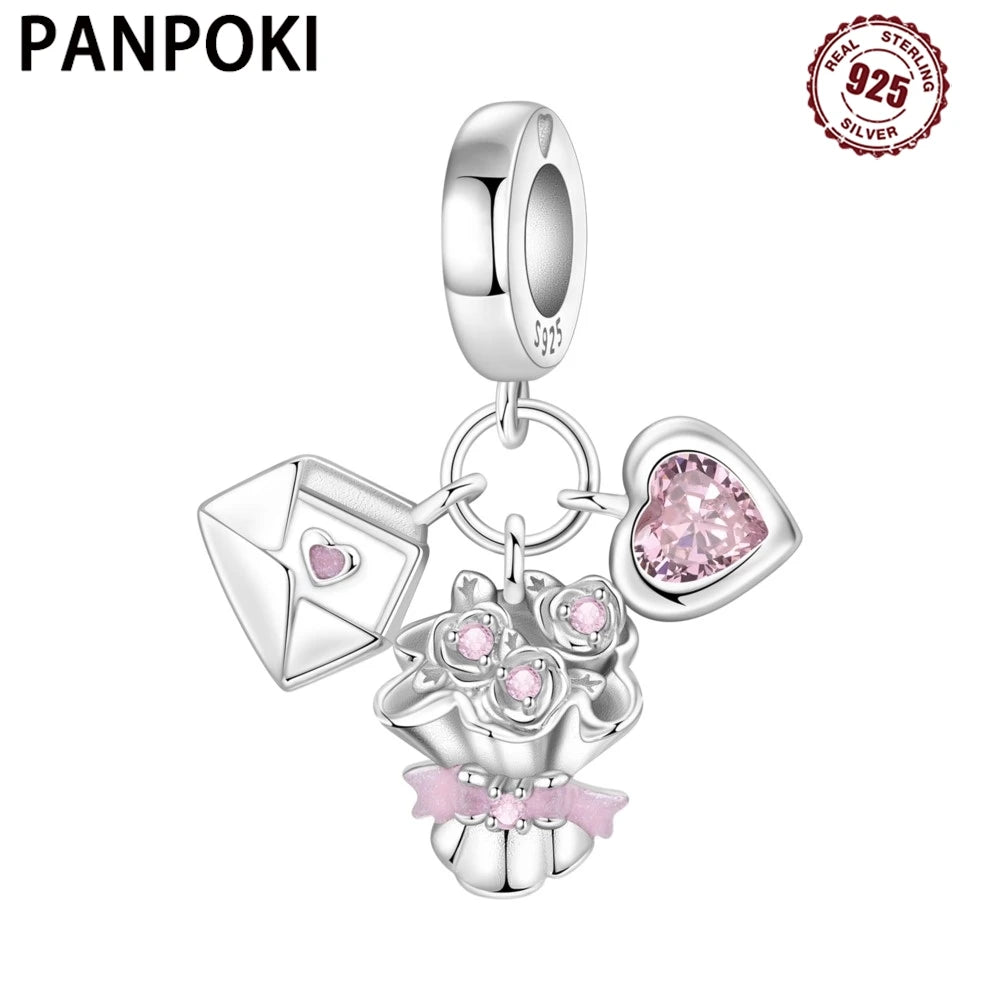 PANPOKI 925 Sterling Silver Pink Love Confession Pendant Charms Beads Fit Bracelets DIY Party Trendy Gifts Jewelry Accessory