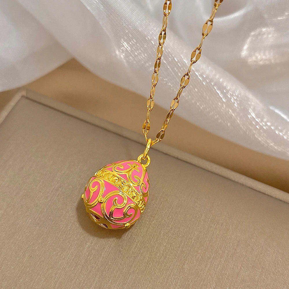 AENSOA Colorful Enamel Easter Egg Pendant Necklaces for Women Guilloche Locket Egg Rhinestone Charm Necklace Gold Color Jewelry