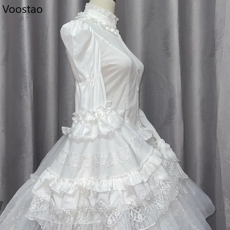 Victorian Gothic Lolita Style Shirts Women Vintage Elegant Lace Ruffles Flare Long Sleeve Slim Blouse Japanese Sweet Y2k Tops
