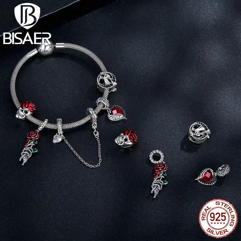 BISAER Pendentif en argent sterling 925 en forme de tête de mort rétro en forme de cœur et de papillon pour bracelets à faire soi-même, bijoux fins, bijoux d'Halloween