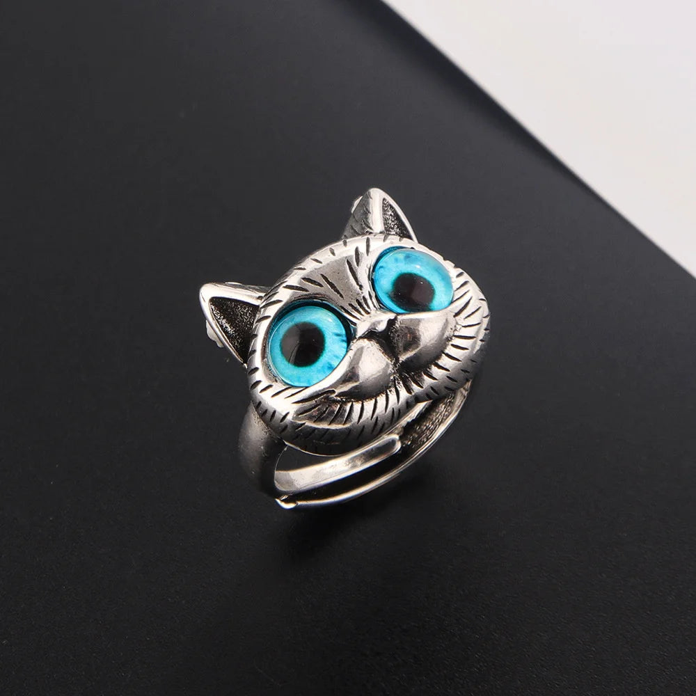 Fashion Silver Color Fat Cat Blue Eyes Cute Ring For Men Retro Blue Acrylic Couple Ring Women Party Jewelry Wholesale