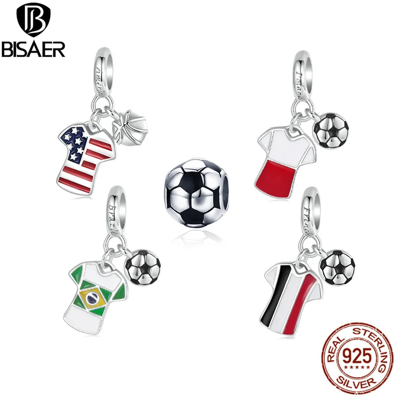 BISAER 925 Sterling Silber Fußballtrikot-Anhänger Emaille Prozess Ball Charm Bead Fit Frau DIY Armband &amp; Halskette Edlen Schmuck