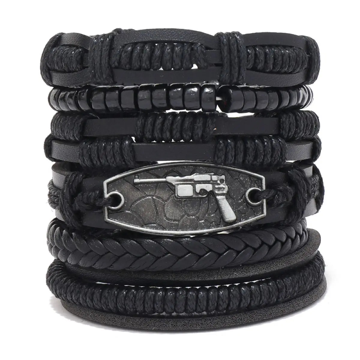Fashion Black Skull Multi-layer Beaded Hand Leather Bracelet for Men Set Adjustable DIY Leather Winding Hand Rope