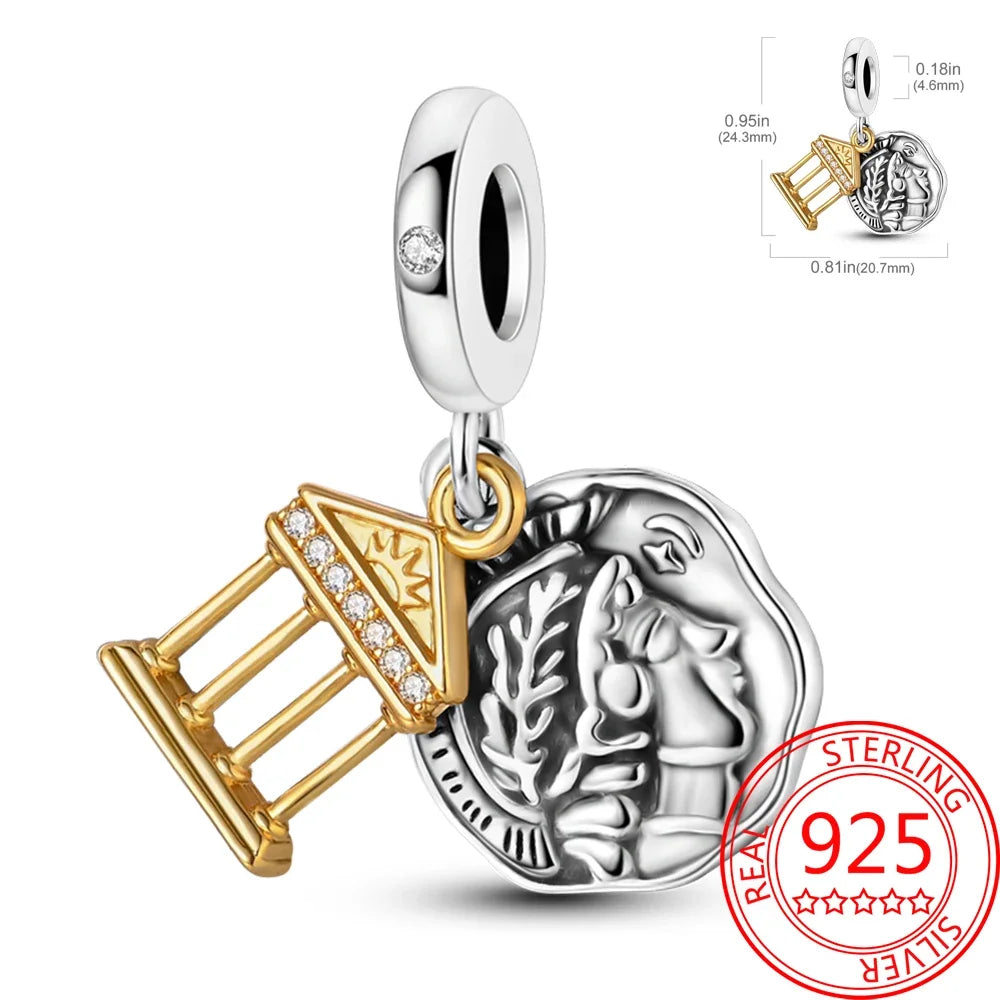 Creative 925 Sterling Silver Eiffel Tower Gold Heart Double Charm Fit DlY Bracelet Necklaces Women's Dating Jewelry Accessories