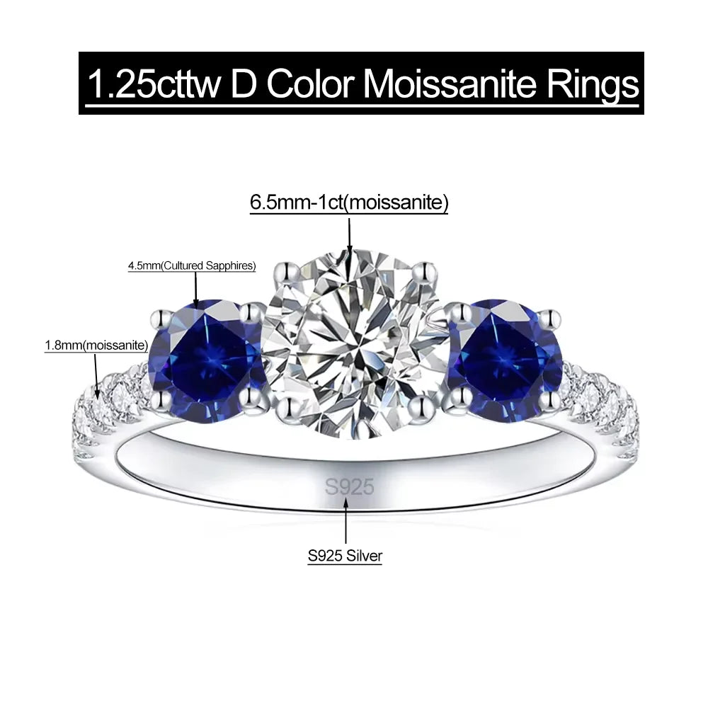Serenity Lab Cultured Sapphires Diamond Row Rings Women Gift Solid 925 Silver 1.25ct D Color Moissanite Rings Plated 18K Jewelry - Madeinsea©