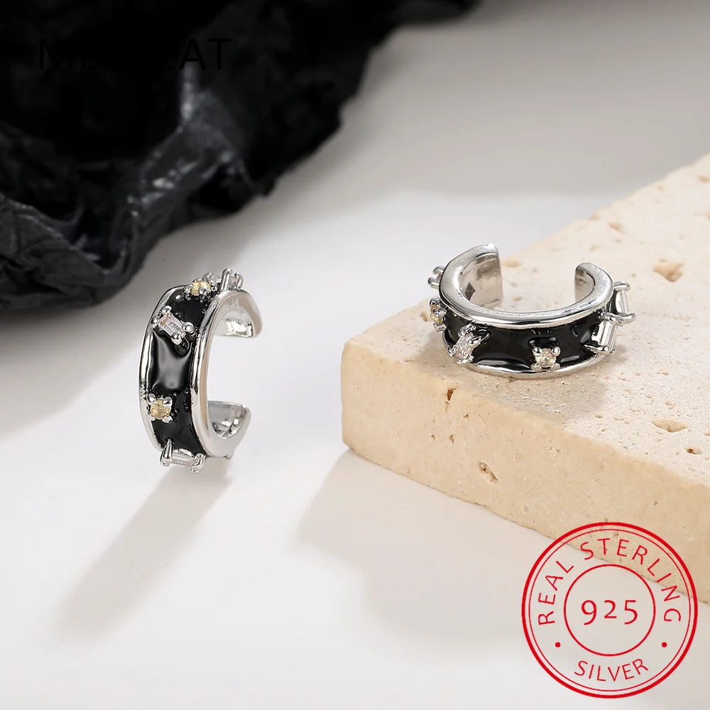 925 Sterling Silver Black Enamel Round Square Zircon Ear Cuff Clip on Earring For Girl Without Piercing Earing Jewelry DA250