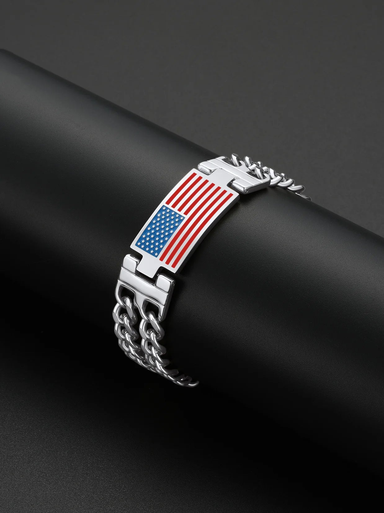 ChainsPro Stainless Steel 17.5mm Wide USA Flag Bracelet Bangle for Man Double Curb Chain 4th of July Independence Day 19 21 23cm