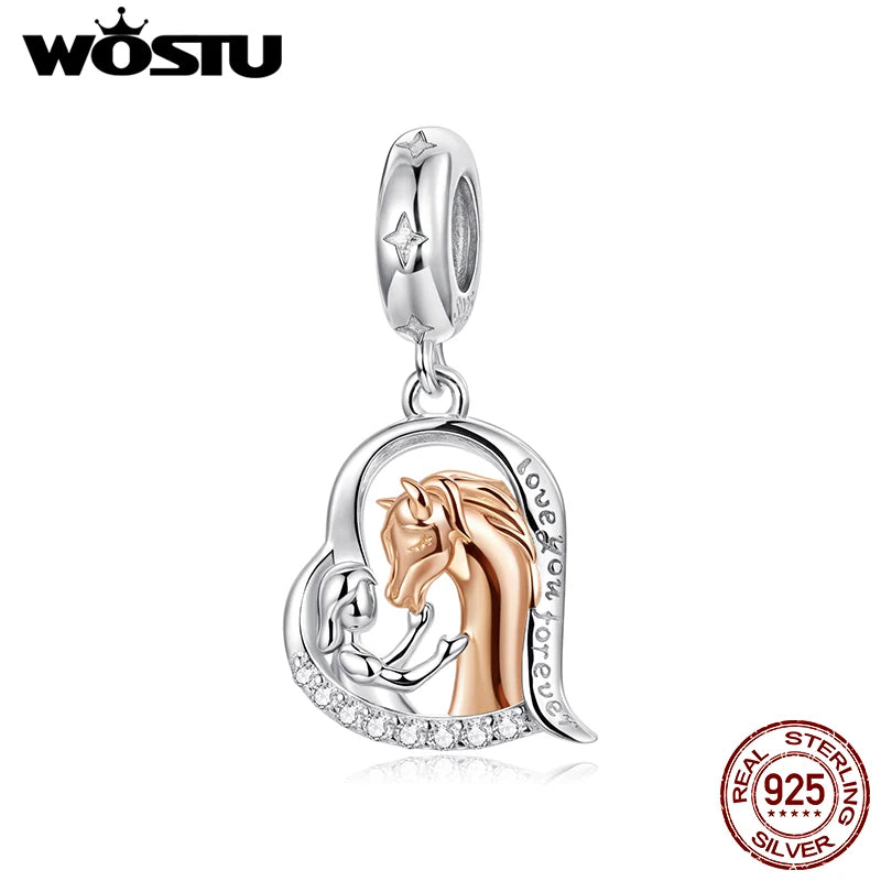 WOSTU 925 Sterling Silver Two-Tone Girl & Horse Charm Pendant For Women, Heart Bead Horse Lover Jewelry Family DIY Gift CTC1210