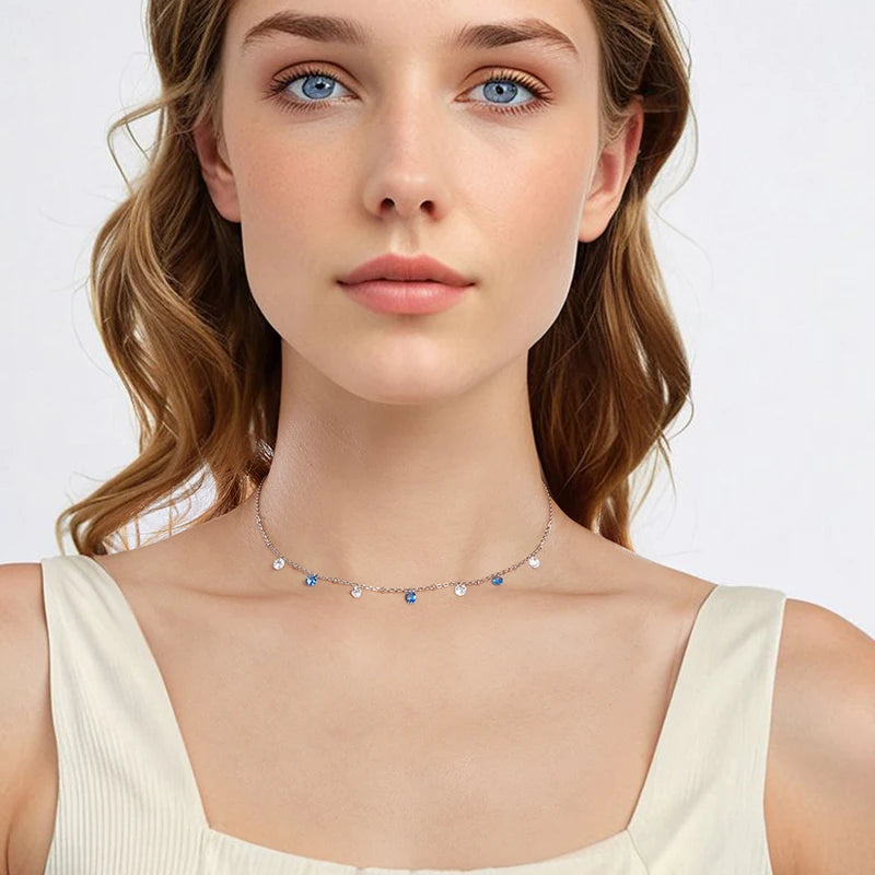 WOSTU 925 Silver Sapphire Blue Round Zircon Pendant Necklace For Women Wedding Jewelry Stackable Choker Links Party Gift