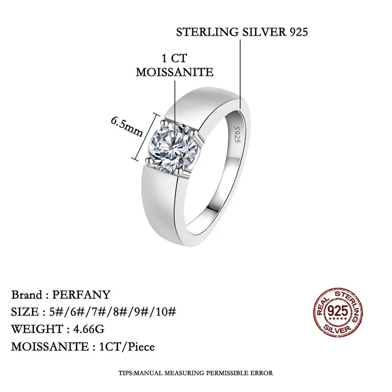 PERFANY 0.5/1CT Moissanite Ring for Men S925 Pure Silver Laboratory Cultivated Diamond Engagement Ring Classic Wedding Jewelry - Madeinsea©