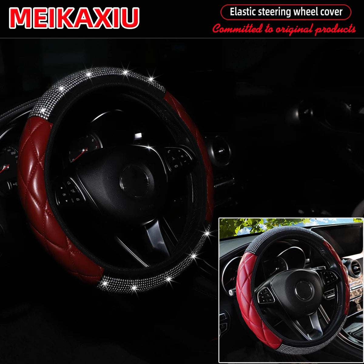 Soft PU leather diamond-encrusted sparkling car steering wheel cover without inner ring, suitable for women of 38cm15inch