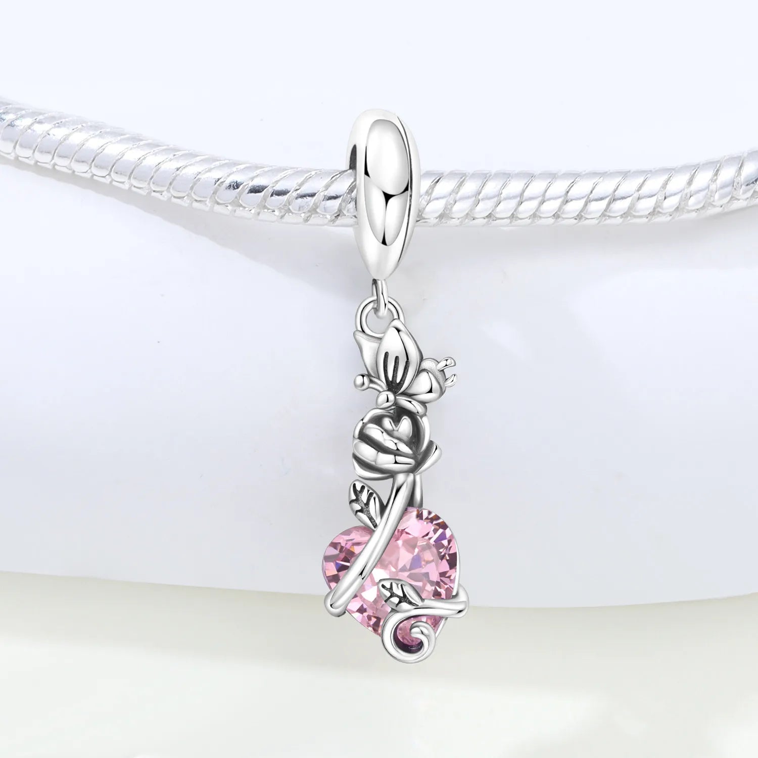 PANPOKI 925 Sterling Silver Butterfly Rose Love Zircon Beads Original Pendants Bracelet Charm Jewelry Party DIY Trendy Gifts