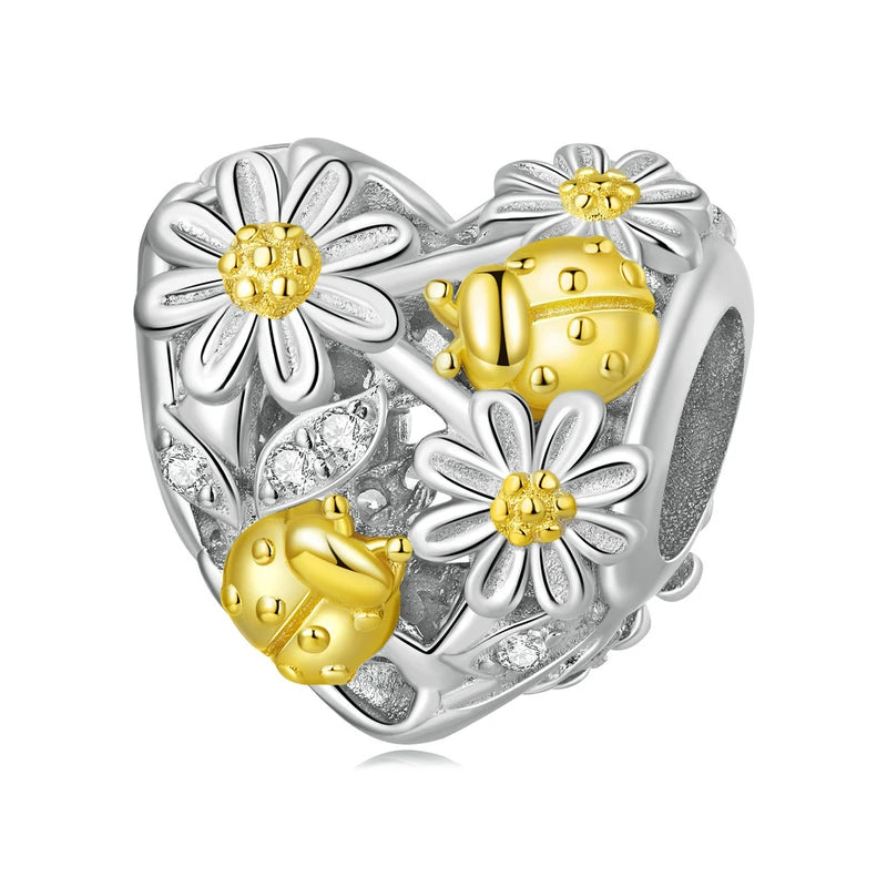 BISAER 925 Sterling Silver Sunflower Dream Charm Bead Daisy Bee Pendant Safety Chain Plated Gold Fit Girl Bracelet Fine Jewelry