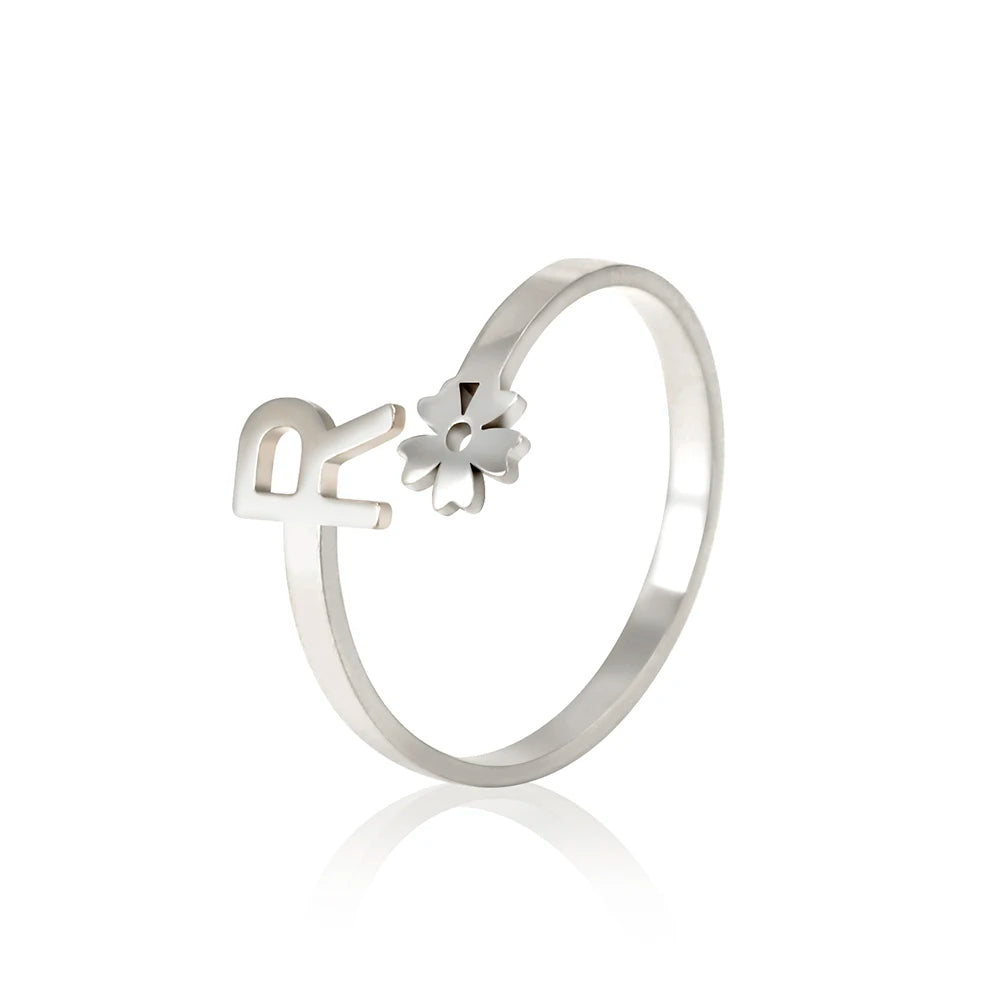 Stainless Steel Flower 26 Alphabet Open Ring for Women A-Z Initial Name Ring 2022 New Fashion Jewelry for Birthday Gift