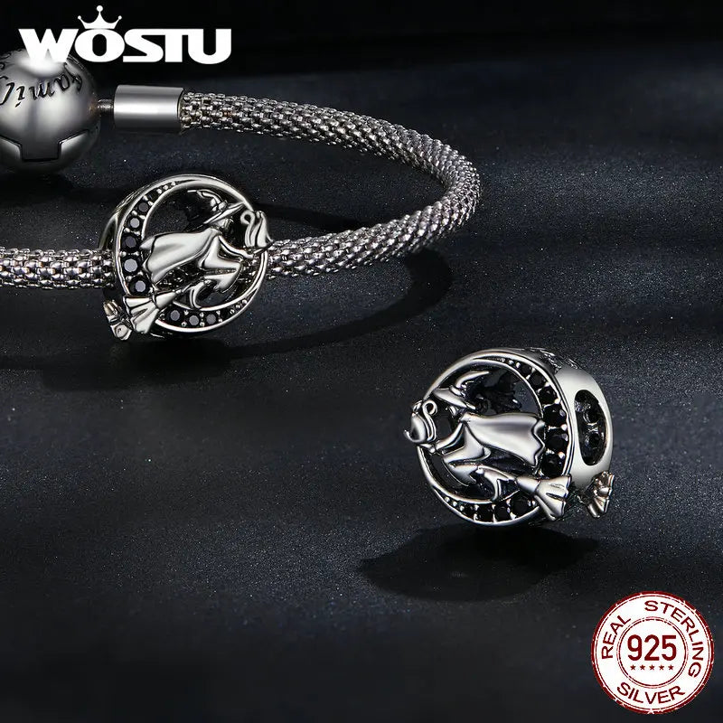 WOSTU 925 Sterling Silver Halloween Collection Red Rose Flower Skull Charms Black CZ Witch Bat Bead fit DIY Bracelet Bangle Punk