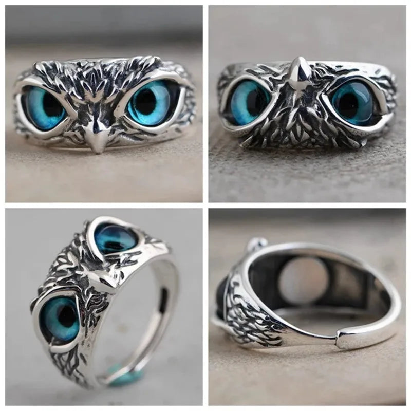 New Vintage Owl Rings For Women Men Design Multicolor Cat Eye Finger Rings Silver Color Adjustable Opening Animal Couple Jewelry