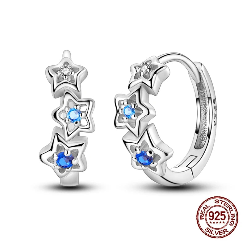 Simple Original 100% 925 Sterling Silver Sparkling Zircon Star Flower Double Hoop Earrings For Women Wedding Engagement Jewelry