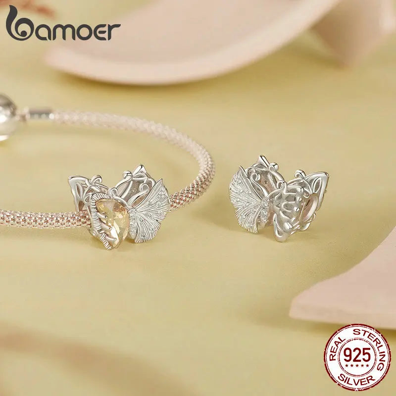 BAMOER 2024 Herbstkollektion 925 Sterling Silber Ginkgoblatt-Charm-Perlen Schmetterling Herzförmiger Charm passend für Original-Armband DIY