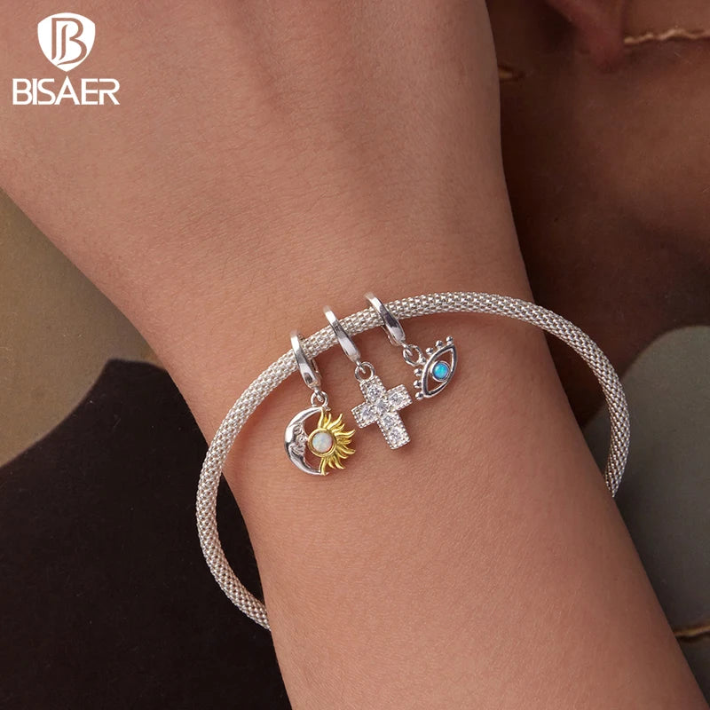 BISAER 925 Sterling Silver Mini Demon Eye Locket Charm Bead Cross Puzzle Pendant for Women DIY Bracelet & Neckalce Fine Jewelry