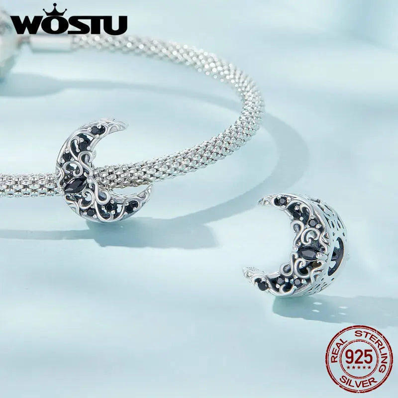 WOSTU 925 Sterling Silver Black Zircon Hollow Cross Charms Pendant Moon Swan Bead Fit Women Bracelet Necklace DIY Jewelry Making