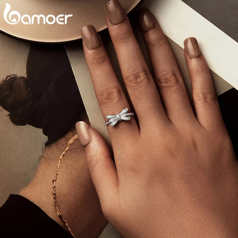 BAMOER White Gold Plated Bowknot Ring with Zircon, Adjustable Statement Ring for Women Unique Bow Design Jewelry YIR249-E