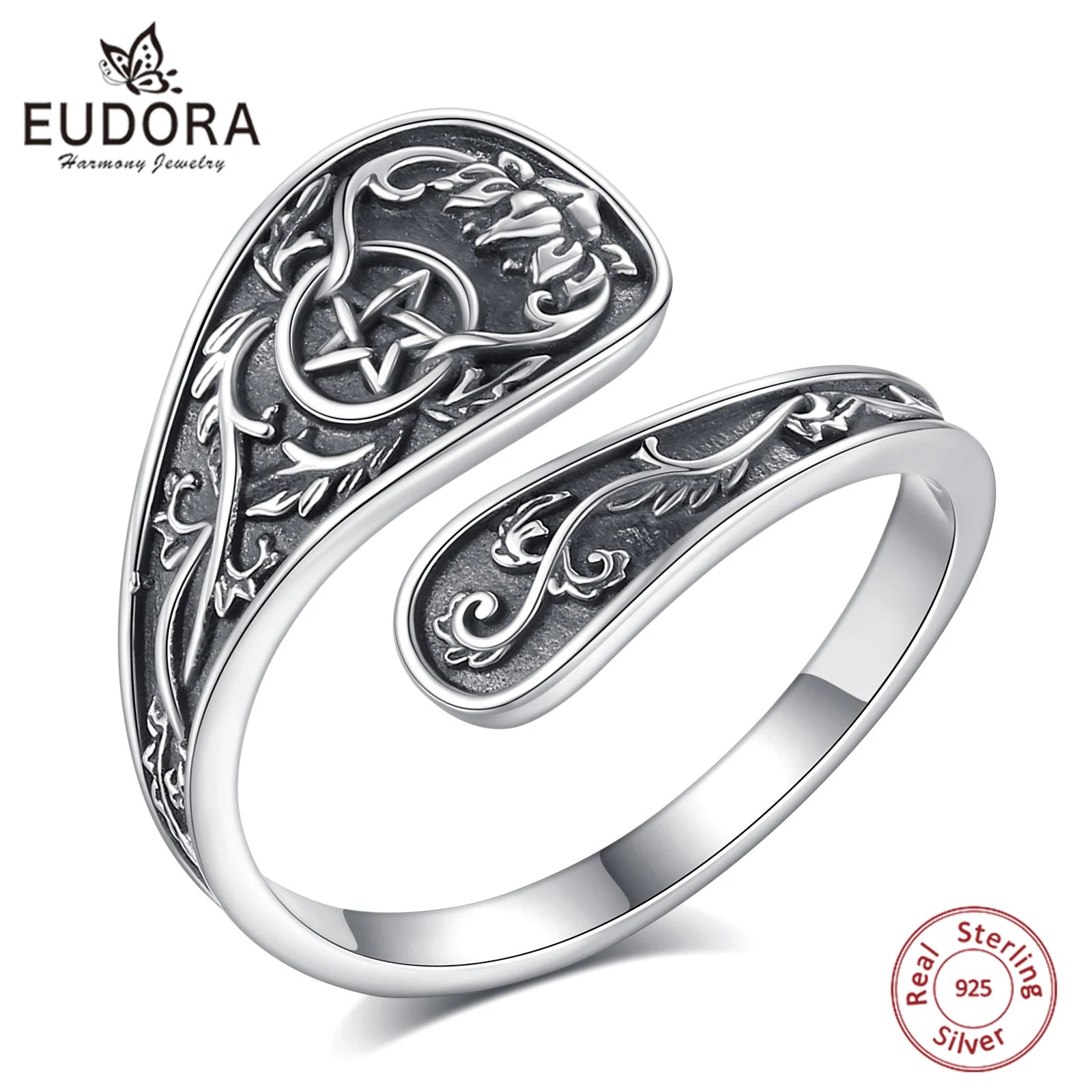 Eudora 925 Sterling Silver Pentagram Adjustable Ring Vintage Tetragrammaton Amulet Spoon Ring Wicca Jewelry Gift for Men Women