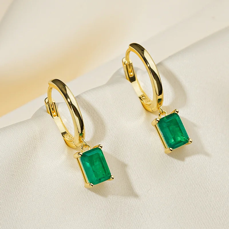 OXTAO 925 Sterling Silver 14K Gold Plated Gemstone Drop Hoop Earring Classic 7x5mm Emerald Earrings for Women Fine Jewelry Gift