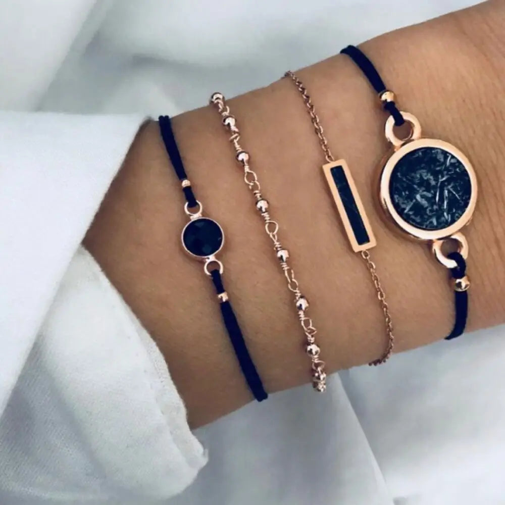 Trendy Geometric Link Chain Bracelet Set For Women Rhinestones Gold Color Leaves Heart Pendant Open Cuff Bangle Girls Jewelry - Madeinsea©
