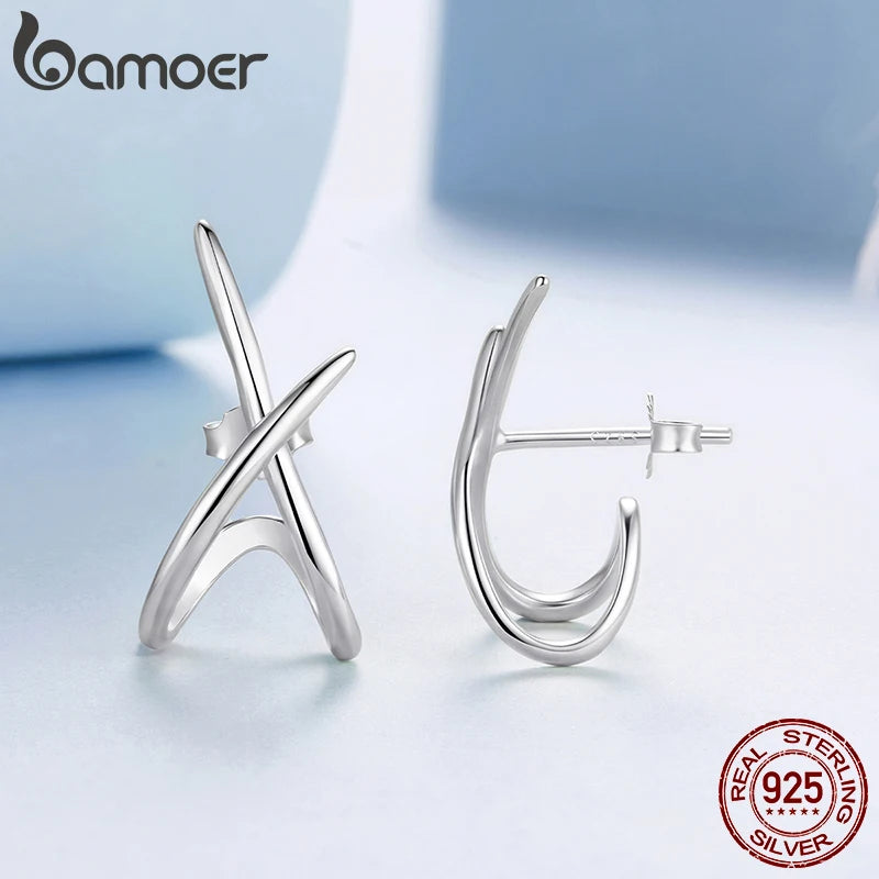 BAMOER 925 Sterling Silver X Earring Studs for Women, Gold Plated Hypoallergenic Earrings Chic Jewelry Gift for Daily Wear