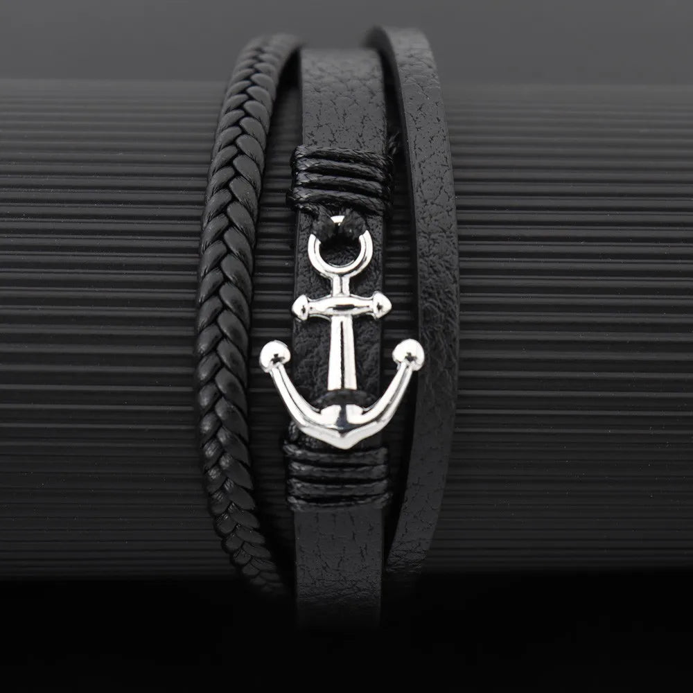 Woven Metal Steel Boat Anchor Bracelet Men's Handmade Leather Bracelet Fashion Personality National Style Jewelry