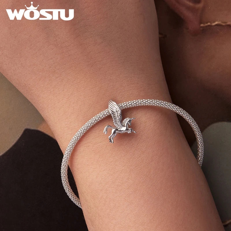 WOSTU 925 Sterling Silver Myth Unicorn Wing Charm Beads For Women , Girl Birthday Gift Pet Animal Beads Fit Original Bracelet