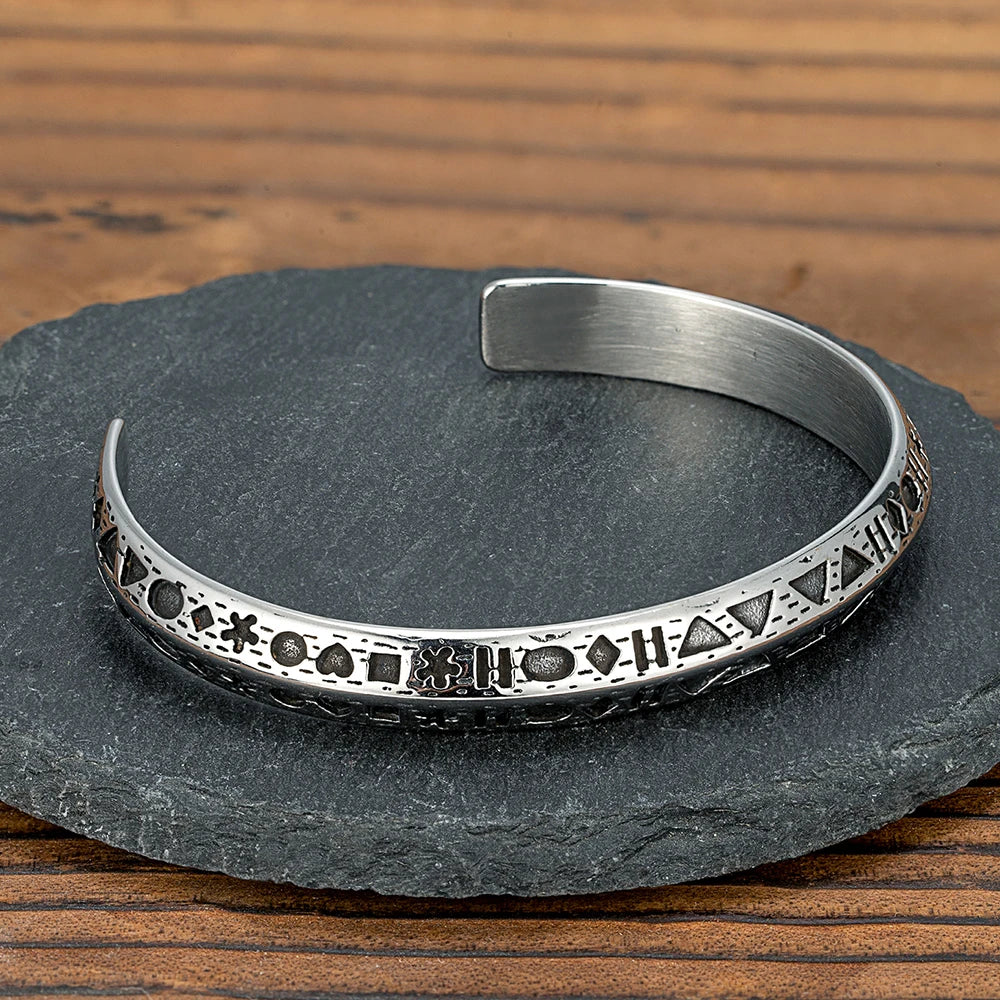 MKENDN Vintage Geometric Pattern Silver Color Open Cuff Bracelet for Men Adjustable Bangle Jewelry Wrist Personality Gift