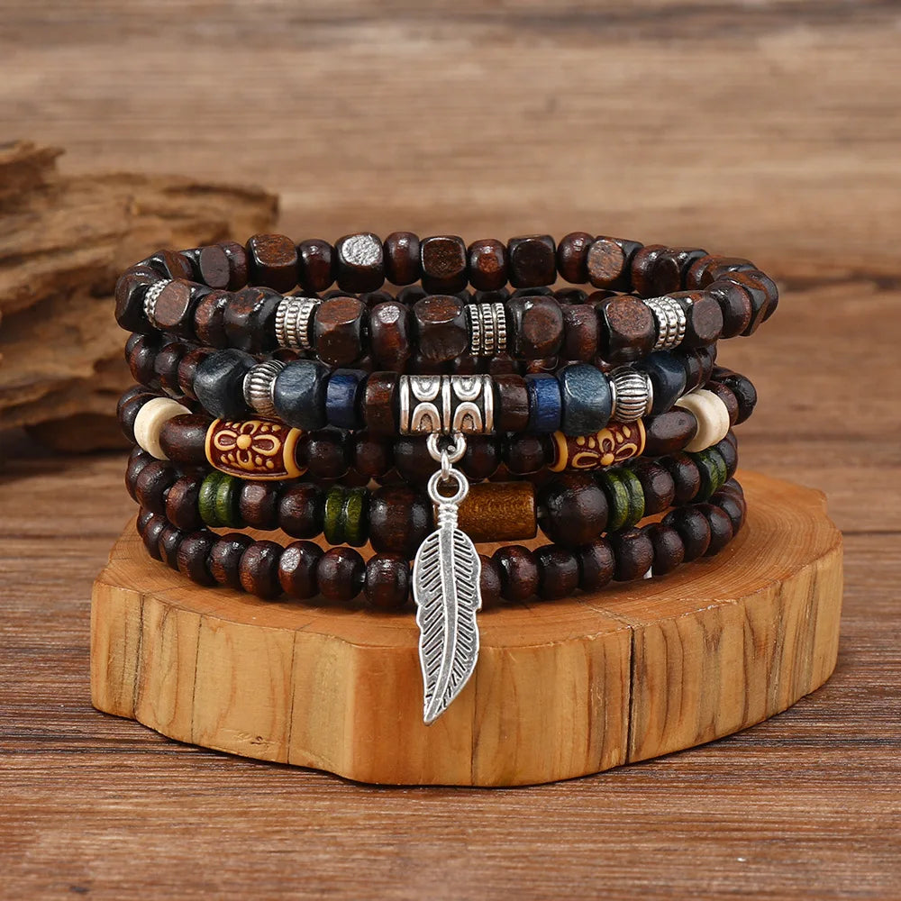 4Pcs/ Set Braided Wrap Leather Bracelets for Men Vintage Life Tree Rudder Charm Wood Beads Ethnic Tribal Wristband Rope Bracelet