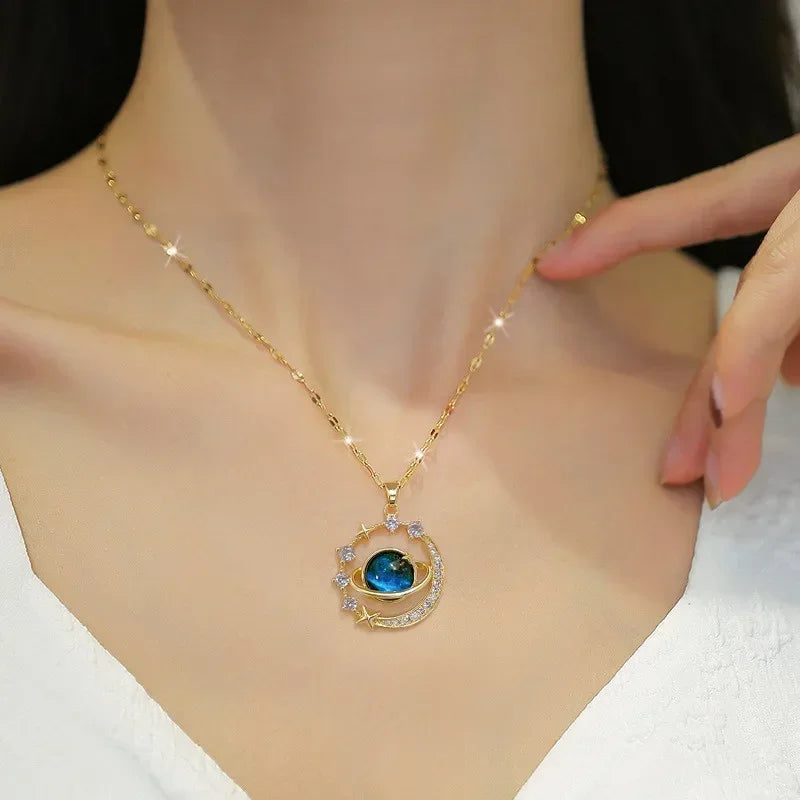 Exquisite Starry Sky Planet Light Luxury Temperament Necklace Star Moon Versatile Clavicle Chain Womens Christmas Jewelry Gift - Madeinsea©