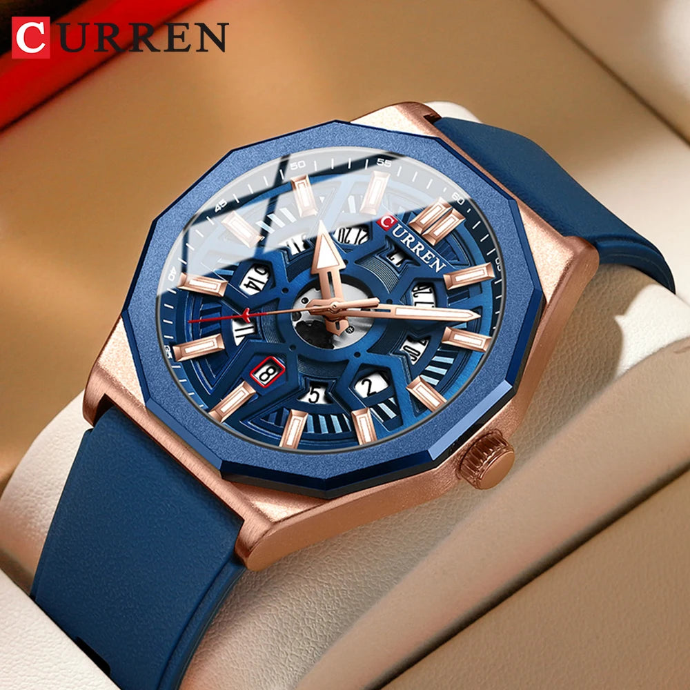 CURREN Fashion Creative Design Watches Men Quartz Silicone Strap Date Wristwatches for Male Clock with Luminous Hands