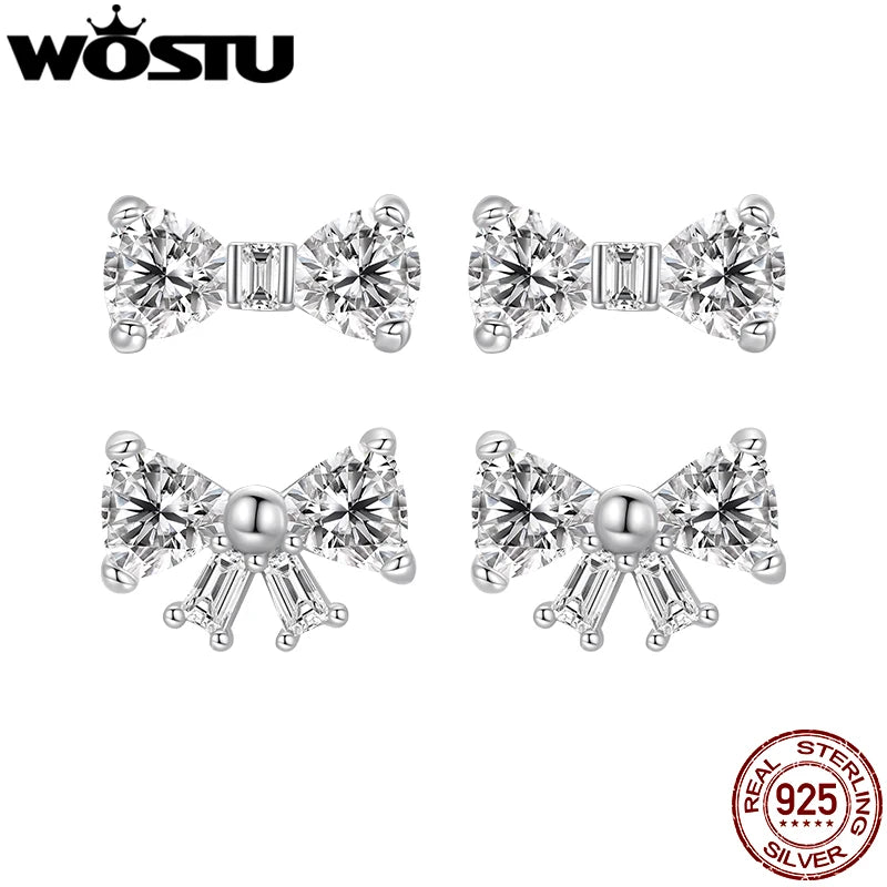 WOSTU Sweet Bowknot Earrings 925 Sterling Silver 925 Sterling Silver Clear AAA Zircon Bow knot Stud Earring Birthday Party Gift