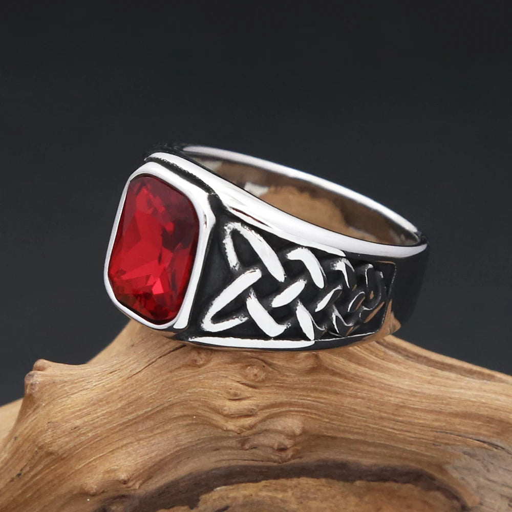 Punk Vintage Square Red Stone Signet Rings For Men Women Stainless Steel Nordic Vikings Knot Rune Ring Fashion Jewelry Wholesale - Madeinsea©