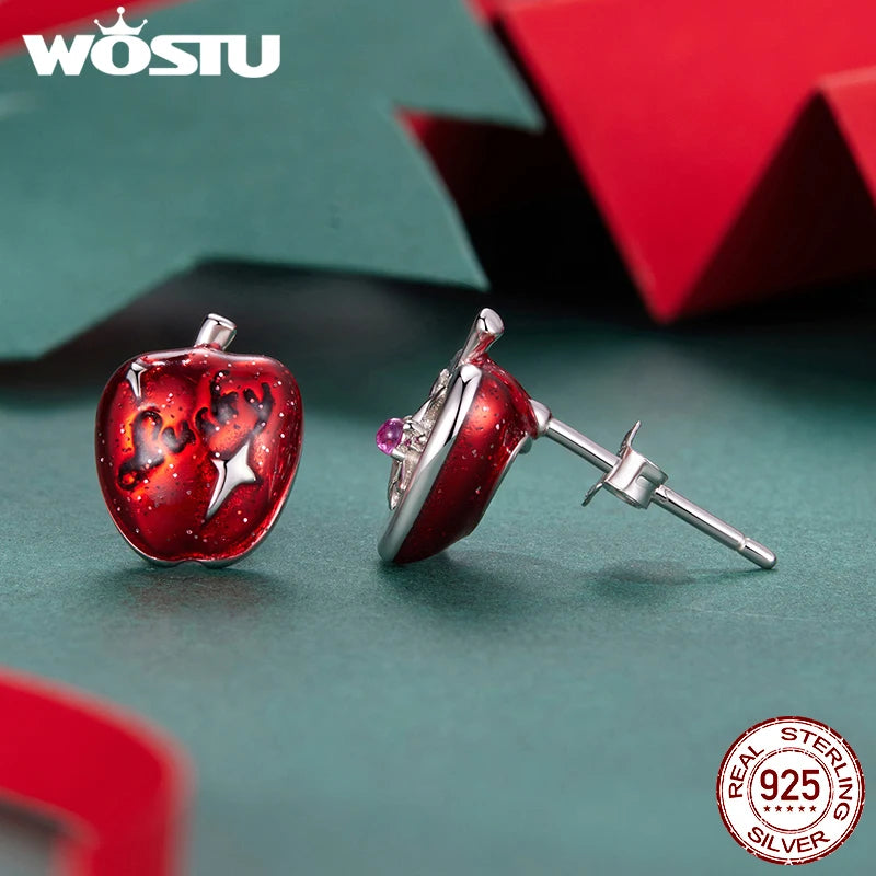 WOSTU Christmas Lucky Apple Stud Earrings For Women , 925 Sterling Silver Red Apple Earrings with Zircon Gems Cute Fruit Jewelry