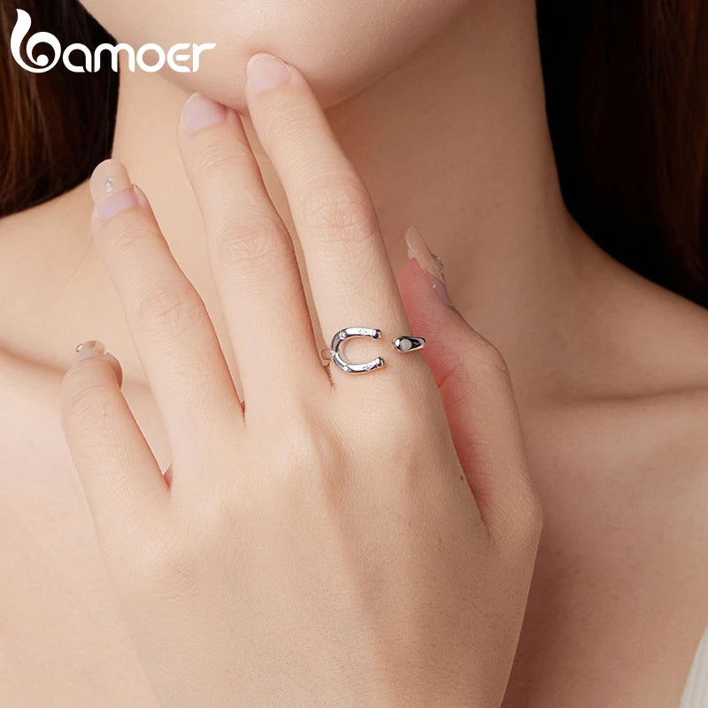 BAMOER 925 Sterling Silver U-shape Open Ring Lucky Horseshoe Ring with Star Zircons for Lover Girl Vintage Blessing Dating Gift