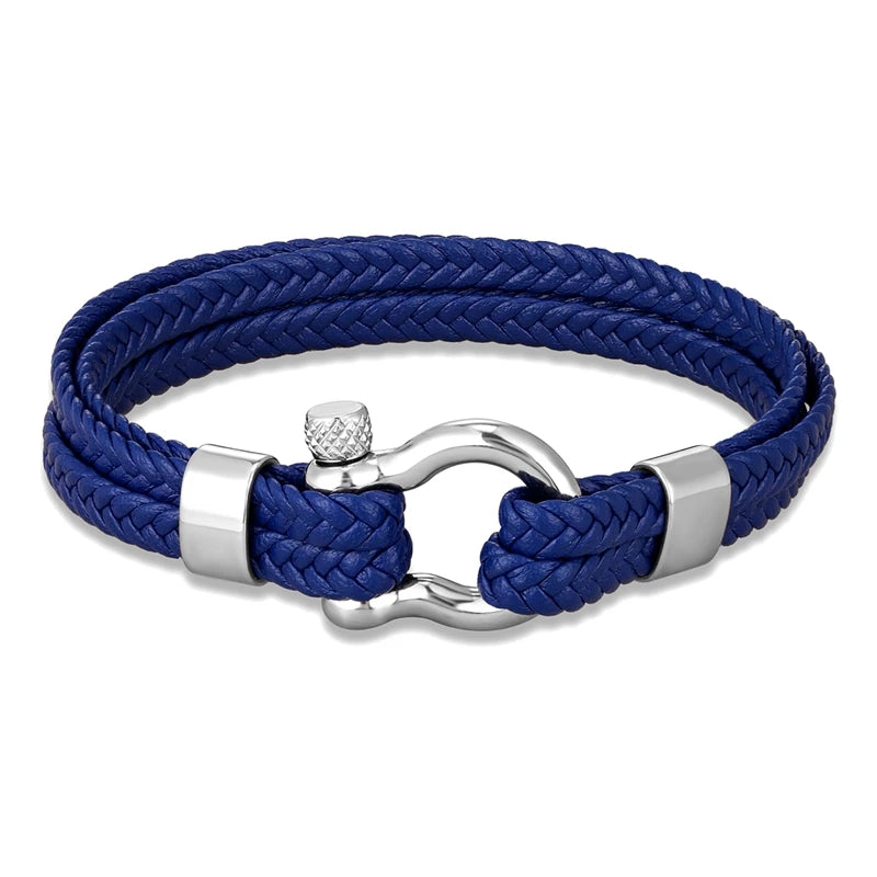 MKENDN Armband mit Schäkel in Bogenform, doppellagig gewebtes Lederarmband für Männer und Frauen, Edelstahl, Hufeisenverschluss mit Schraube