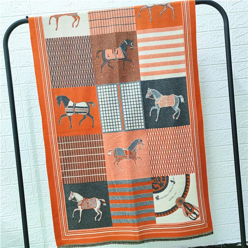 Women's Autumn Winter Horse Pattern Scarf New Luxury Cashmere Feeling Large Blanket Wrap Soft Warm Brand Shawl Retro & Classical - Madeinsea©