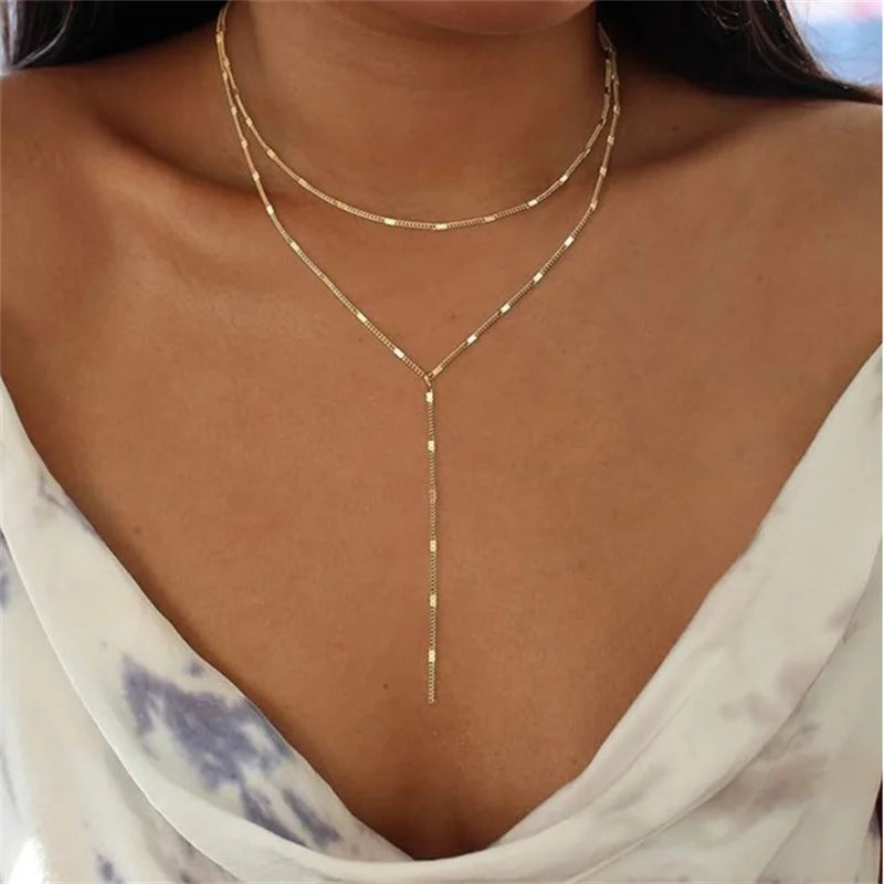 Vintage Gold Color Double Layered Necklace for Women Simple Crystal Zircon Metal Long Tassel Beads Chain Choker Party Jewelry
