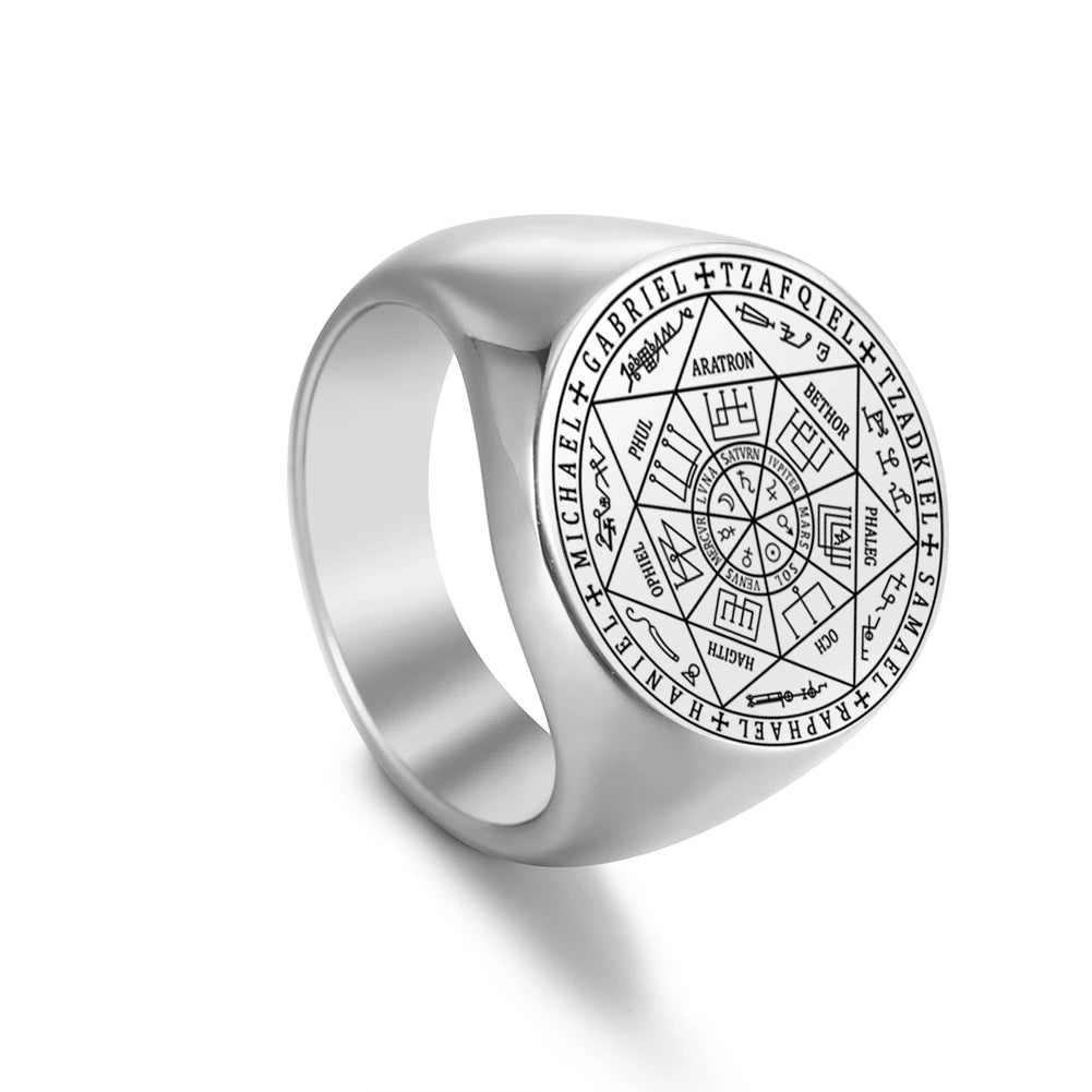 Bague Viking Sceau des Sept Archanges de Dreamtimes Talisman de la Kabbale de Salomon Hexagramme Anneaux pour Hommes Bijoux en Acier Inoxydable