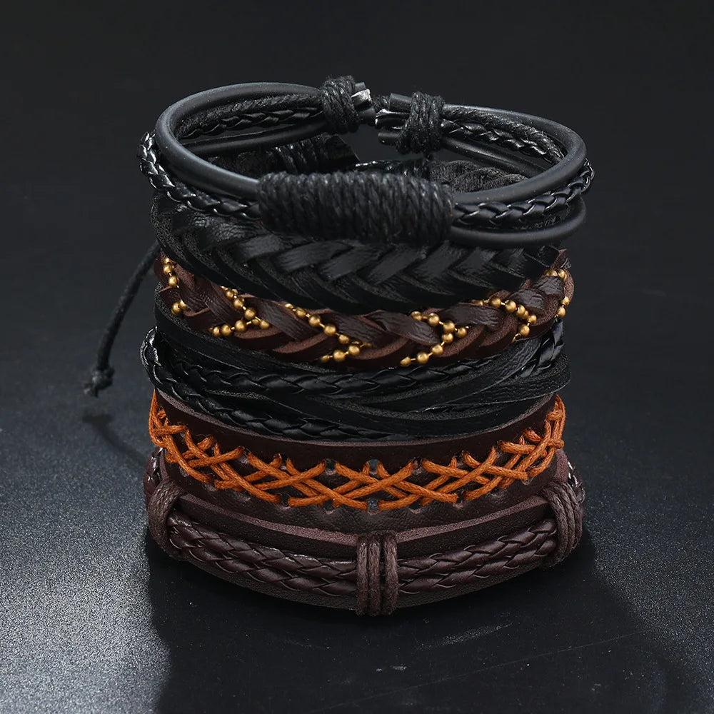 4Pcs/ Set Braided Wrap Leather Bracelets for Men Vintage Life Tree Rudder Charm Wood Beads Ethnic Tribal Wristband Rope Bracelet