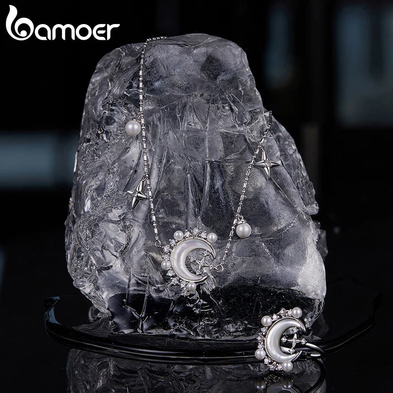 BAMOER White Gold Plated Crescent Moon Necklace with Pearl, High Quality Statement necklace for Women Unique Design Jewelry