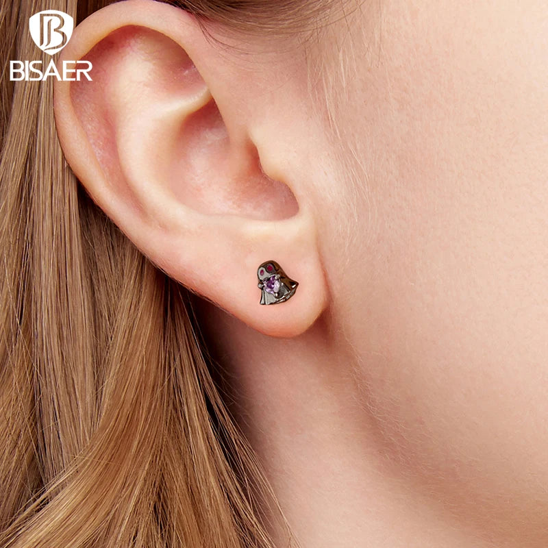 BISAER 925 Sterling Silver Ghost Stud Enamel Black Process Earrings for Women Party Fine Jewelry Halloween Gifts ECE1961