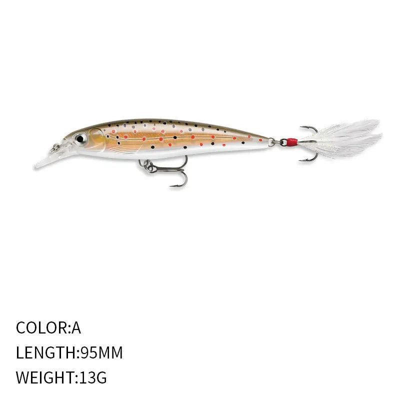 9.5cm 13g Fishing Lure Minnow Wobbler Floating Laser Artificial Hard Bait Feather Built-in Steel Ball Jerkbait Trout Bass Decoy